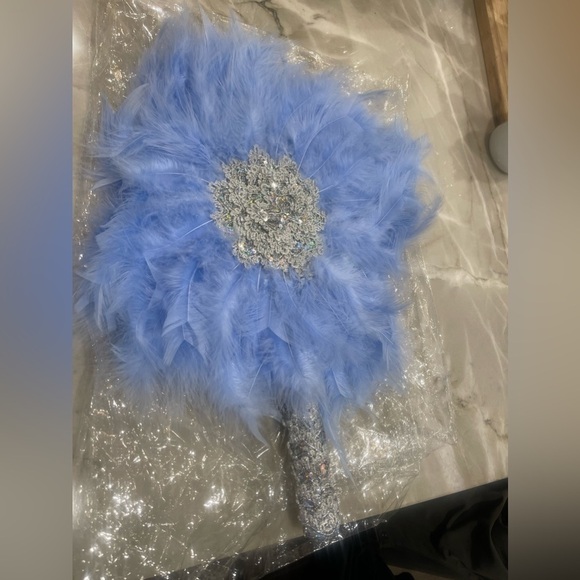 Beautiful Detailed Blue Feather Hand Fan Wedding African Traditional Engagement - Picture 5 of 8